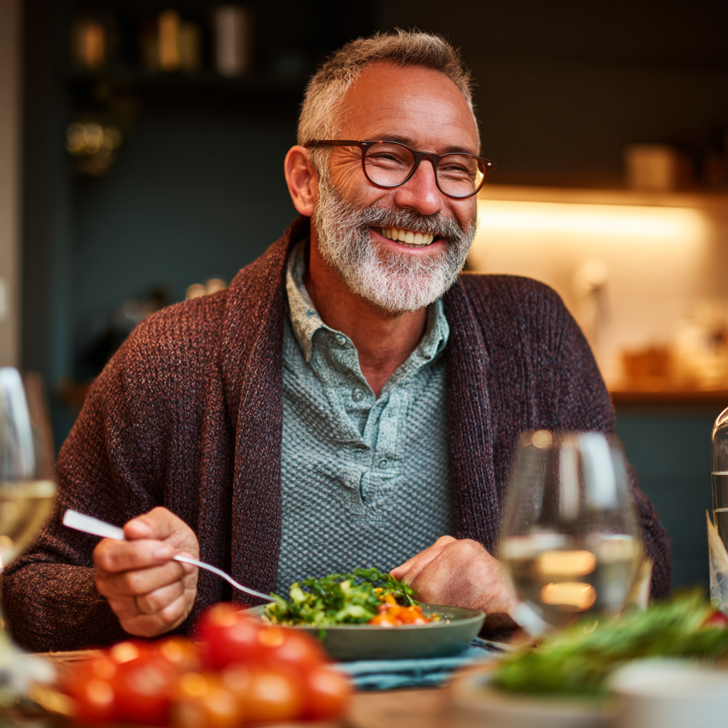 Чоловік у віці 58 років із задоволенням їсть здорову їжу за обіднім столом, демонструє позитивні емоції