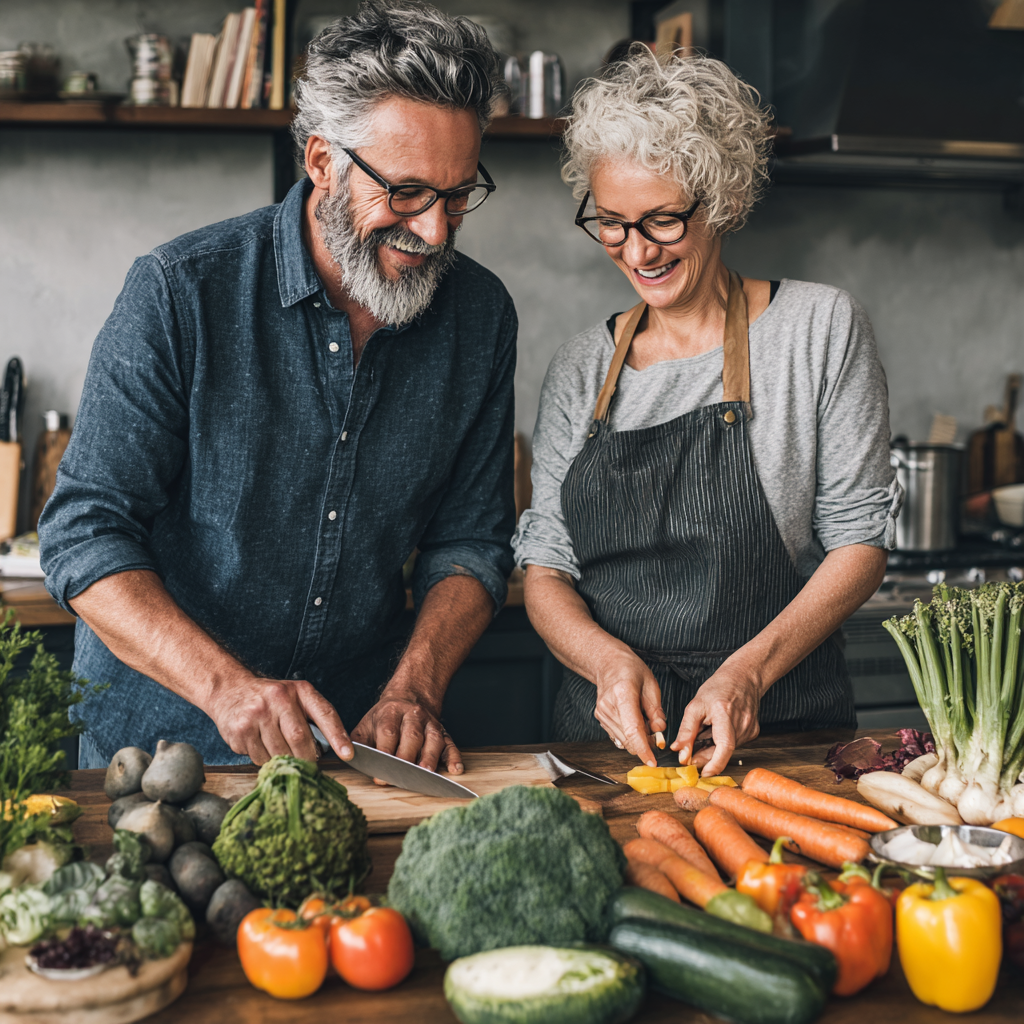 Пара у віці 52-55 років разом готує здорову їжу на кухні, обираючи свіжі інгредієнти за персоналізованим рецептом
