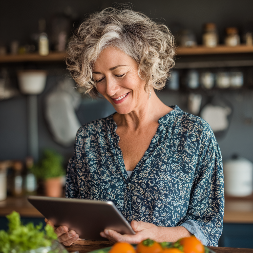 Усміхнена жінка у віці 54 років із планшетом у руках, переглядає персоналізований план харчування у додатку kresamont