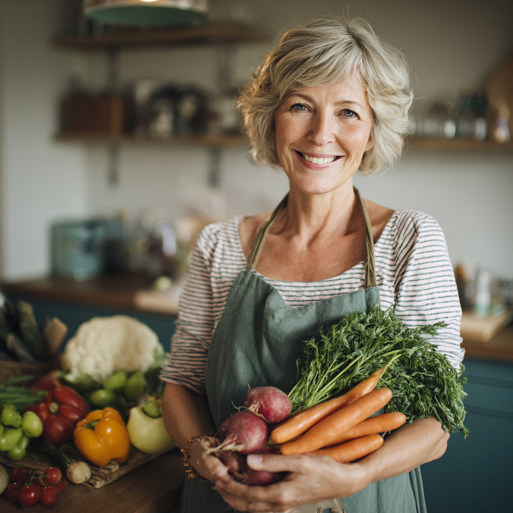 Жінка у віці 55 років готує здорову їжу на кухні, посміхається та тримає свіжі овочі